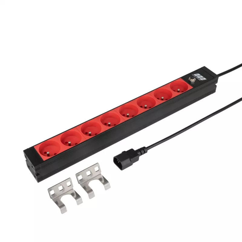 EFB ELEKTRONIK EK631CF.1V2 PDU para rack 19 polegadas 1U, 8 tomadas CEE 7/5 (tipo E) vermelhas, entrada IEC C14, proteção de sobrecarga 10A, preto