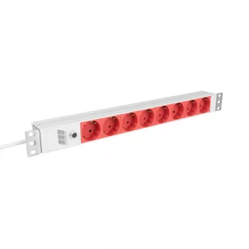 Régua de tomadas para rack EFB Elektronik EK631CD.1GRV2 19 polegadas 1U, 8x tomadas CEE 7/3 vermelhas, entrada IEC C14, proteção de sobrecarga 10A, cinzento