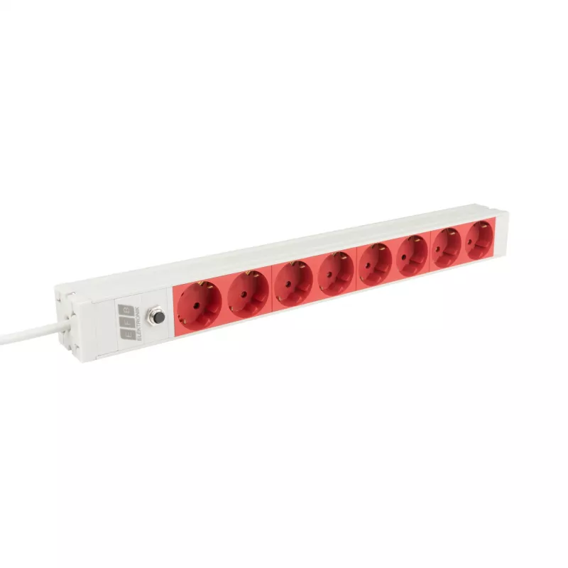 Régua de tomadas para rack EFB Elektronik EK631CD.1GRV2 19 polegadas 1U, 8x tomadas CEE 7/3 vermelhas, entrada IEC C14, proteção de sobrecarga 10A, cinzento