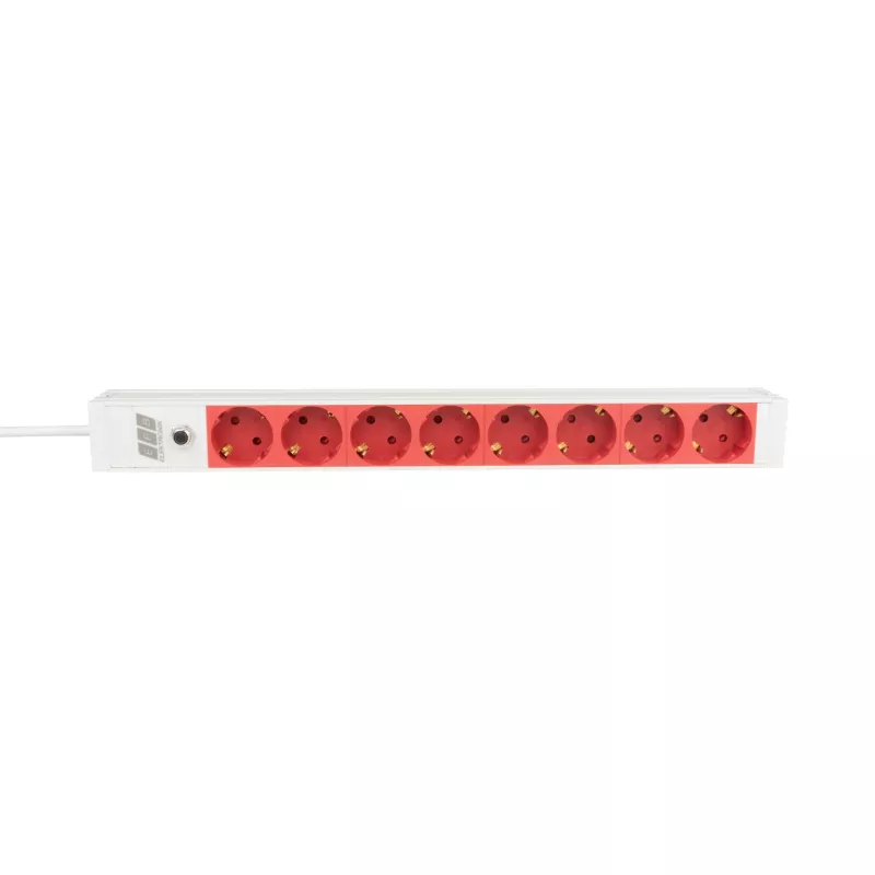 Régua de tomadas para rack EFB Elektronik EK631CD.1GRV2 19 polegadas 1U, 8x tomadas CEE 7/3 vermelhas, entrada IEC C14, proteção de sobrecarga 10A, cinzento