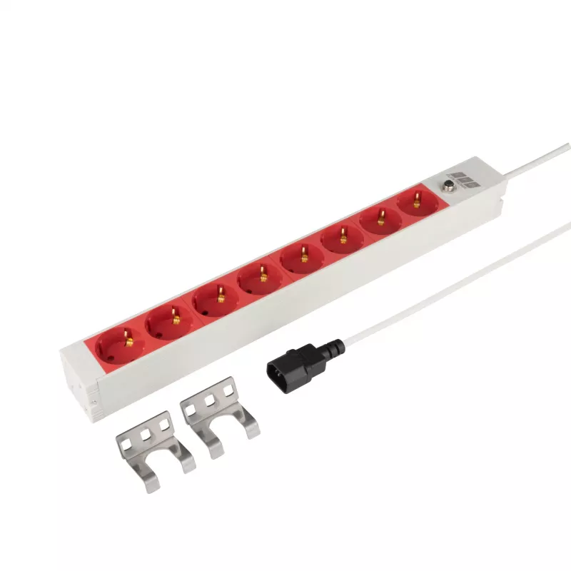 Régua de tomadas para rack EFB Elektronik EK631CD.1GRV2 19 polegadas 1U, 8x tomadas CEE 7/3 vermelhas, entrada IEC C14, proteção de sobrecarga 10A, cinzento