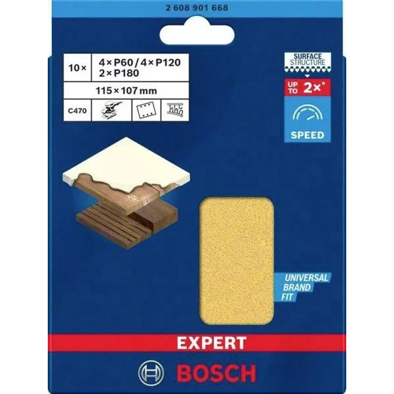 Bosch 2608901668 papel de lixa para lixadeira orbital, conjunto de 10 peças, grão 60/120/180, 107 x 115 mm