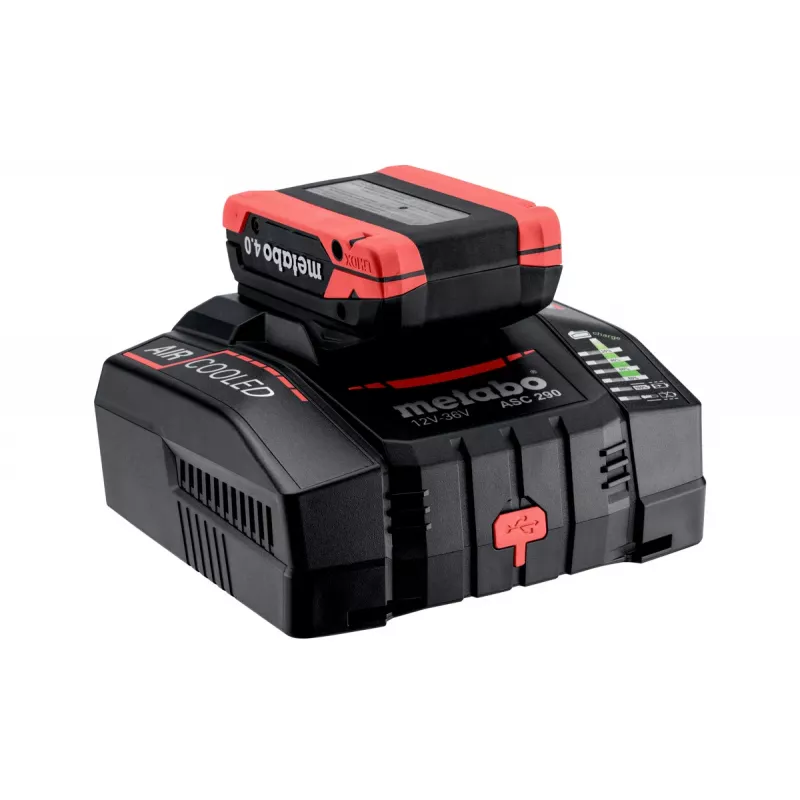 Carregador rápido com arrefecimento por ar Metabo ASC 290 12-36 V, 8,0 A, Li-Ion/LiHD, montável na parede, indicador LED 627370000