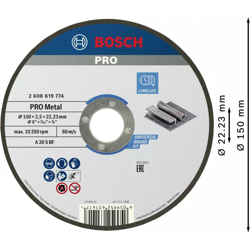 Disco de corte Bosch Standard for Metal 150 mm x 1,6 mm x 22,23 mm, reto, óxido de alumínio, 1 unid. 2608619774