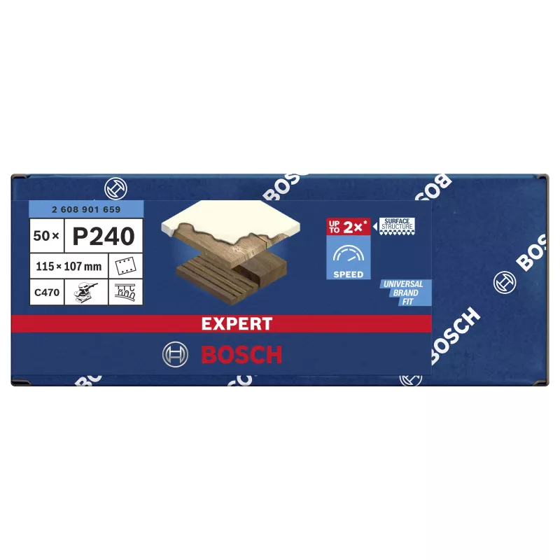 Lixa Bosch Expert C470 para lixadora orbital, grão 240, 107 x 115 mm, pack de 50 2608901659