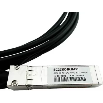 Cabo Breakout Direct Attach passivo BlueLAN LSWM1QSTK3-BL 40GBASE-CR4 QSFP para 4x10GBASE-CR SFP+, 1m, AWG30