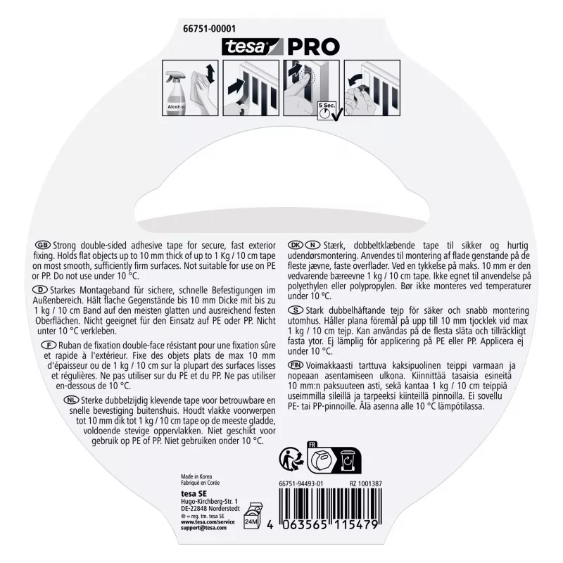 tesa Montage PRO Outdoor 66751-00001-00 fita de montagem transparente, 5 m x 19 mm, 1 rolo