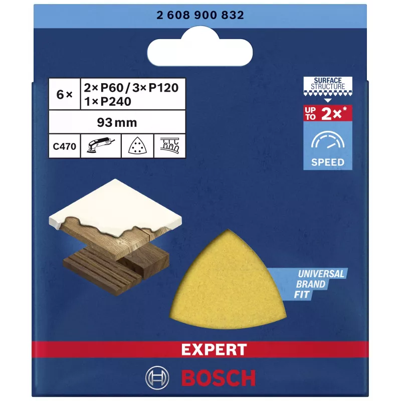 Conjunto de folhas de lixar delta Bosch EXPERT C470 93 mm P60/P80/P120 velcro perfuradas pack de 6 2608900832