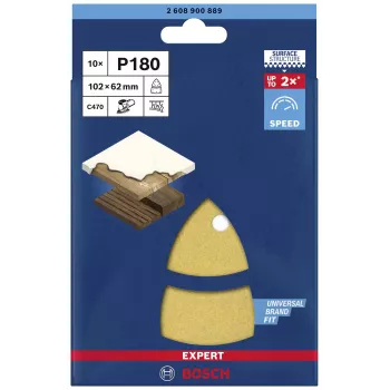 Folhas de lixar perfuradas Bosch EXPERT C470 grão 180 para lixadora orbital 102 x 93 mm, pack de 10 2608900889