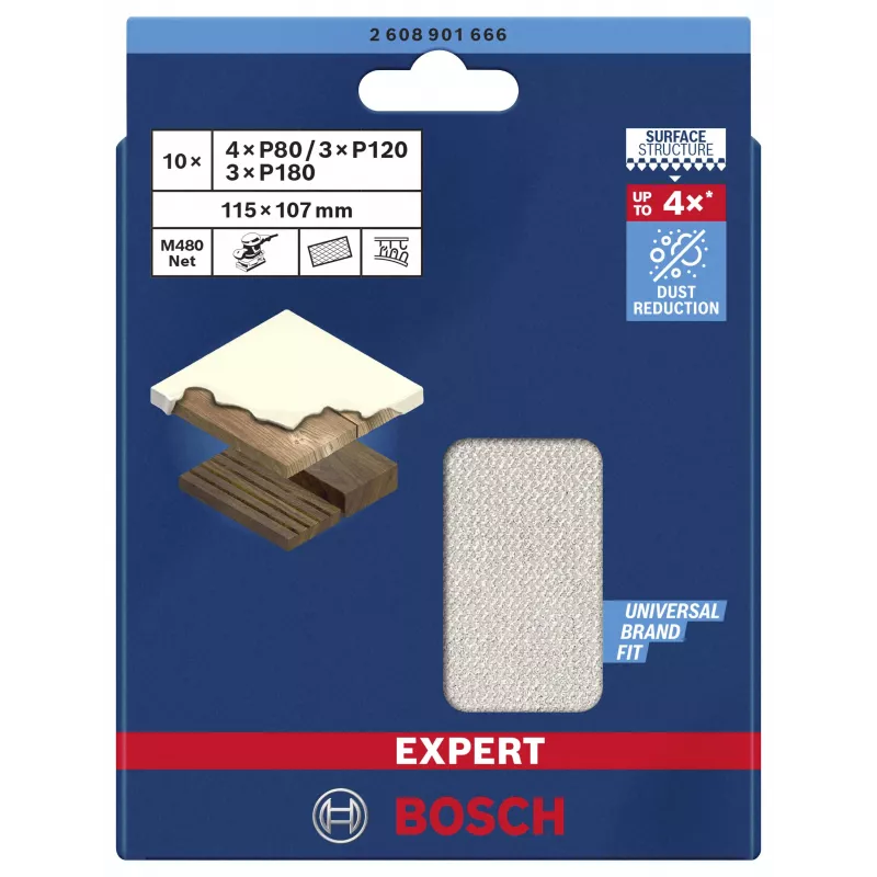 Conjunto de redes de lixar Bosch Expert M480 para lixadora orbital, 3 peças, grão 80/120/180, 115 x 107 mm, velcro 2608901666