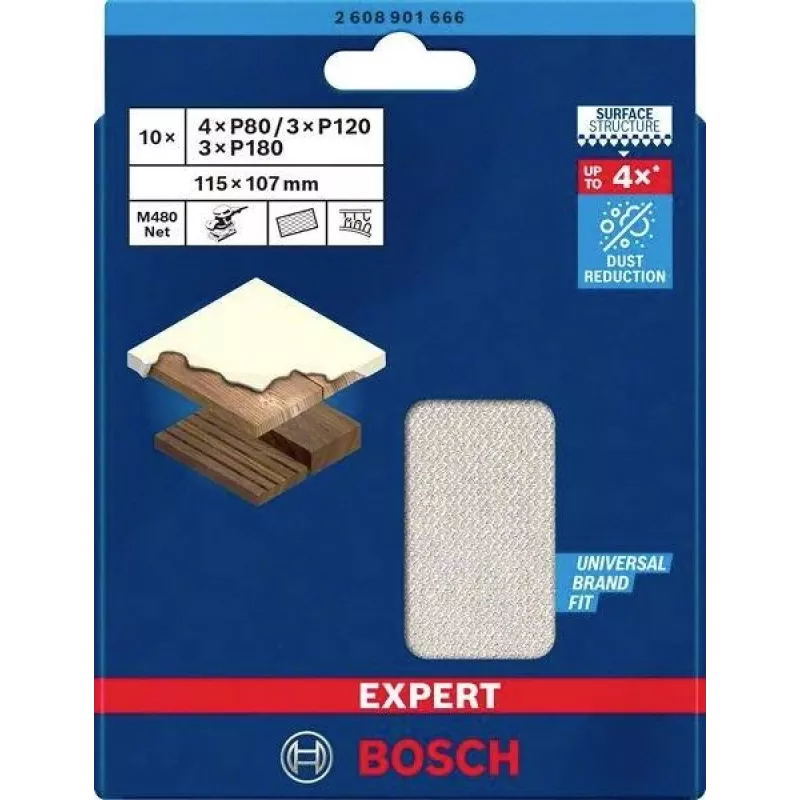 Conjunto de redes de lixar Bosch Expert M480 para lixadora orbital, 3 peças, grão 80/120/180, 115 x 107 mm, velcro 2608901666