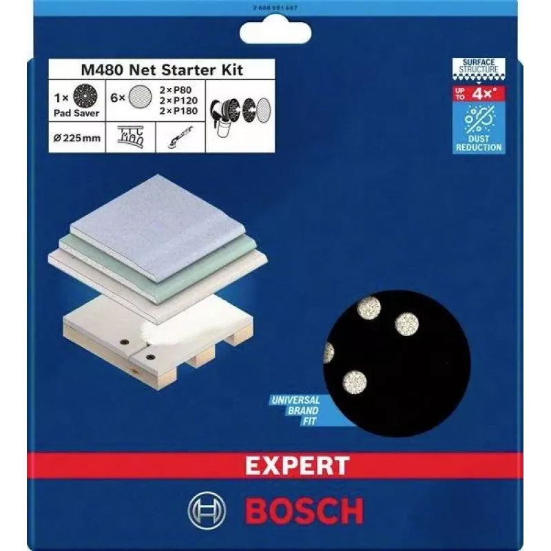 Conjunto de redes de lixar Bosch Expert M480 225 mm para lixadora de placas de gesso, grão P80/P120/P180, 3 peças 2608901667