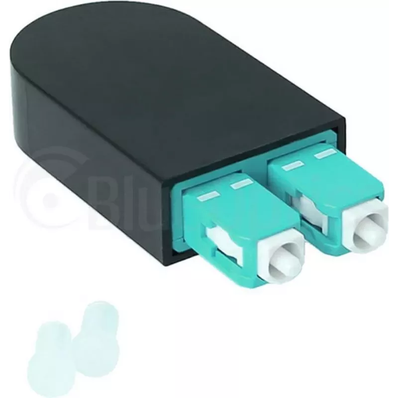 BLUELAN BlueOptics Adaptador loopback de fibra ótica OM3 50/125µm multimodo SC/UPC duplex, aqua/turquesa, ferrule de cerâmica, -40°C a +85°C (BOLBSCOM3)