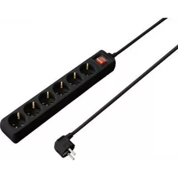SYGONIX SY-4891006 Régua de tomadas Schuko 6 tomadas com interruptor iluminado, cabo de 1,5 m, preta