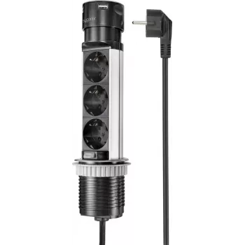 SYGONIX SY-4997104 Torre de tomadas, 6 tomadas Schuko, 2 portas USB-A, cabo de 1,5 m, preta/prateada