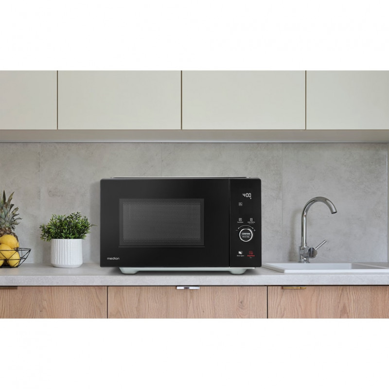 Medion MD 12041 micro-ondas combinado 4 em 1 com grelhador, ar quente e função de descongelação, 25L, 900W, preto/aço inoxidável 50076276