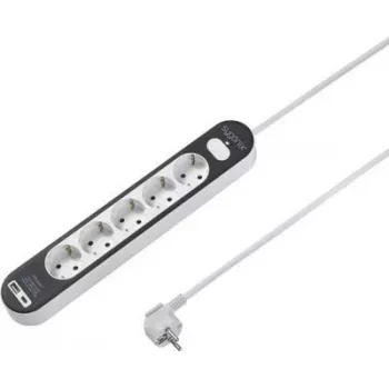 SYGONIX SY-4755368 Régua de tomadas com interruptor, 6 tomadas Schuko, cabo de 1,5 m, branco/cinzento