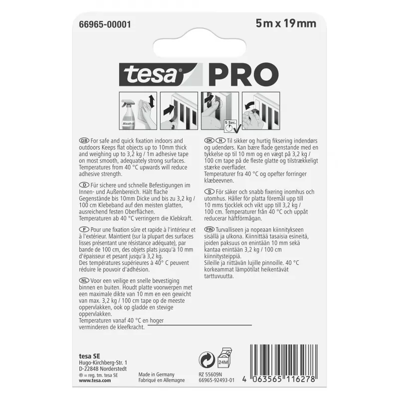 tesa Montagem PRO Transparente 66965-00001-00 Fita de montagem dupla face de espuma acrílica, 5 m x 19 mm, suporta até 10 kg/m, resistente a UV e humidade, para interior e exterior