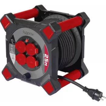 Sygonix SY-10236123 tambor de cabo 25m 4 tomadas Schuko preto
