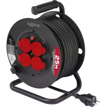 Sygonix SY-10236129 Tambor de cabo preto ficha Schuko 25m 4 tomadas