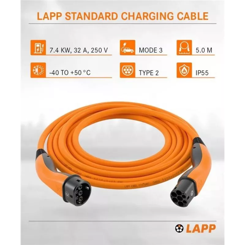 LAPP MOBILITY cabo de carregamento EV Type 2, 7,4 kW, 5 m, laranja 61786