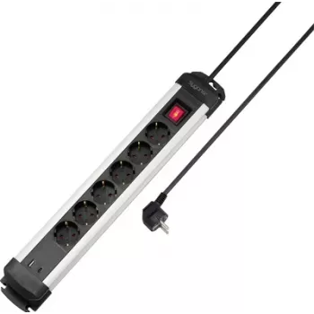 Sygonix SY-6807130 Régua de tomadas 6 tomadas com interruptor iluminado, preta/prateada, cabo de 1,5 m