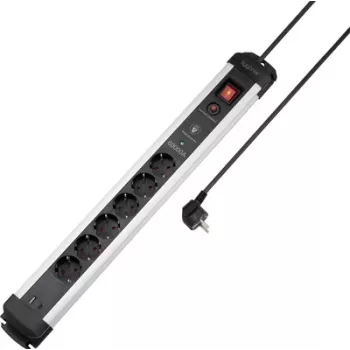 Sygonix SY-6805674 Régua de tomadas 6 tomadas com proteção contra sobretensões e interruptor, Schuko, cabo de 1,5 m, preta/prateada