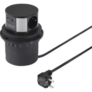Sygonix SY-6887466 Régua de tomadas em torre 3 tomadas, preta/prateada, cabo de 1,5 m, 3 tomadas Schuko, 3680 W, interruptor iluminado