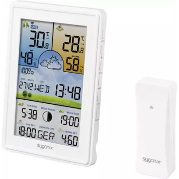 Sygonix SY-5509564 Estação meteorológica digital com previsão de 12-24 horas, relógio DCF, temperatura e humidade interior/exterior, fase da lua, aviso de geada, suporte para sensor de 3 canais