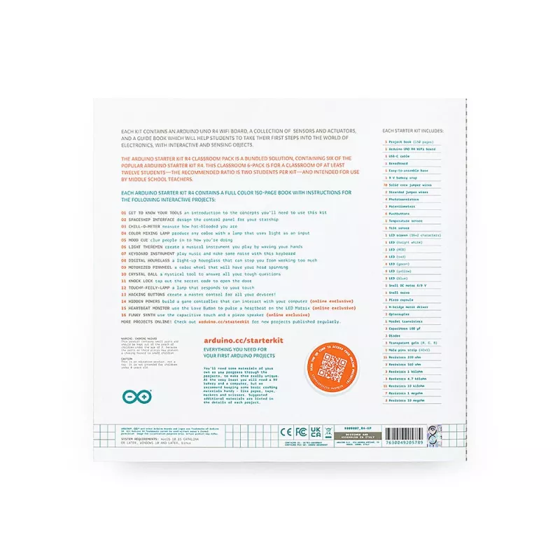 Arduino Starter Kit R4 Classroom Pack, 6 x Arduino Starter Kit R4, para um grupo a partir de 12 pessoas (K000007_R4-6P)