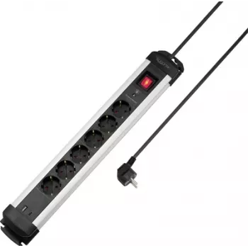 Régua de tomadas com proteção contra sobretensão 6 tomadas, preto/prateado, cabo 1,5 m Sygonix SY-6807132
