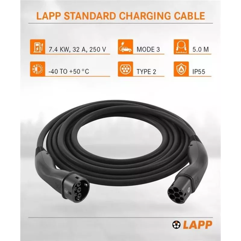 LAPP MOBILITY Cabo de carregamento EV Type 2, 7,4 kW, 5 m, preto (61780)