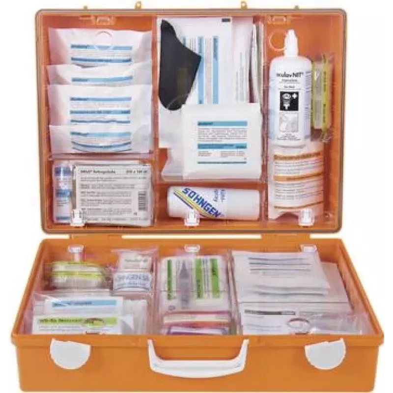 SÖHNGEN MT-CD Kit de primeiros socorros industrial, caixa de plástico laranja com fecho de clique, 400 x 150 mm 0360106
