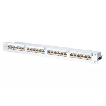 METZ CONNECT 130856-E-90 Patch panel blindado 24 portas Cat.6A, 1U, Branco
