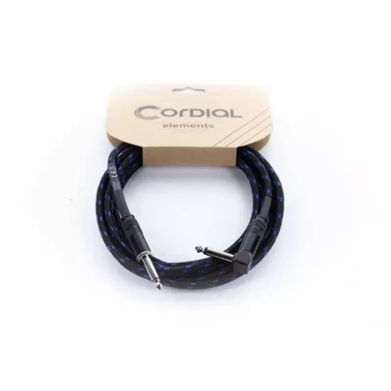 Cabo para instrumentos Cordial 14780 3 m – jack TS 6,3 mm para jack TS 6,3 mm, preto/azul com revestimento têxtil
