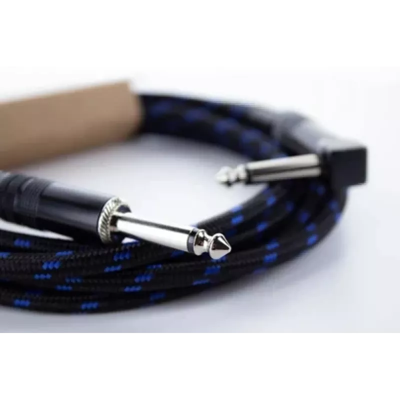 Cabo para instrumentos Cordial 14780 3 m – jack TS 6,3 mm para jack TS 6,3 mm, preto/azul com revestimento têxtil
