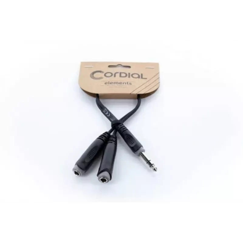 Cordial 14882 Cabo adaptador Y jack estéreo 6,3mm, 1x ficha macho para 2x ficha fêmea, 0,3m, preto PVC