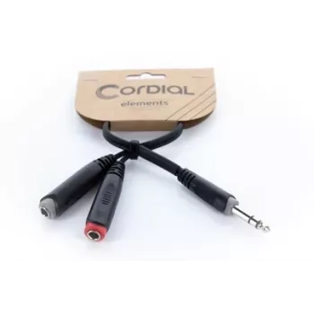 Cordial 14890 Cabo adaptador Y de áudio ficha jack estéreo 6,3mm para 2x ficha fêmea jack mono 6,3mm 0,30m preto PVC cabo duplo