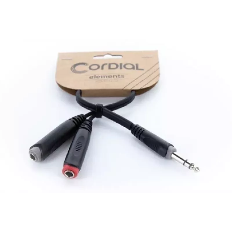 Cordial 14890 Cabo adaptador Y de áudio ficha jack estéreo 6,3mm para 2x ficha fêmea jack mono 6,3mm 0,30m preto PVC cabo duplo