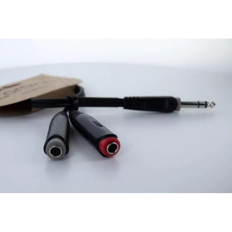 Cordial 14890 Cabo adaptador Y de áudio ficha jack estéreo 6,3mm para 2x ficha fêmea jack mono 6,3mm 0,30m preto PVC cabo duplo