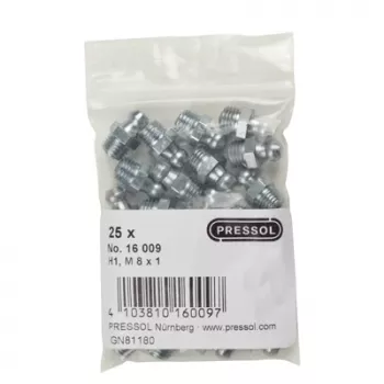 Bico de lubrificação cónico Pressol H1 reto, M 8 x 1, galvanizado, 25 unidades (16 009)