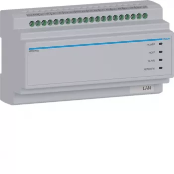 Hager RTD210X comutador de sistema de 2 fios, 6 vias, para videoporteiro IP Hager, calha DIN, 4 módulos, cinzento claro