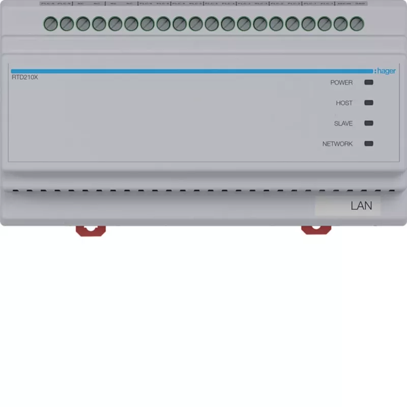 Hager RTD210X comutador de sistema de 2 fios, 6 vias, para videoporteiro IP Hager, calha DIN, 4 módulos, cinzento claro
