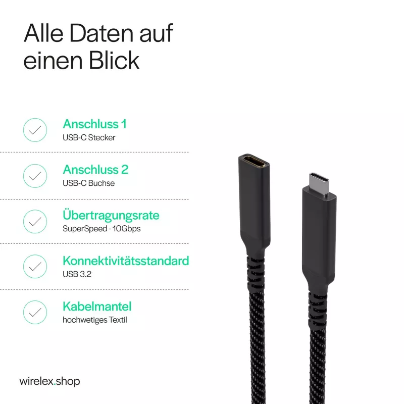 S CONN Flexline cabo de extensão USB-C, ficha USB-C para conector fêmea USB-C, USB 3.2 Gen 2, 100W PD, 4K@60Hz, revestimento têxtil, 1,5m, preto FL31-74006