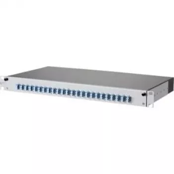 METZ CONNECT 1502697424-E patch panel 24 portas 1U blindado Cat.6A, IDC sem ferramentas, cinzento claro