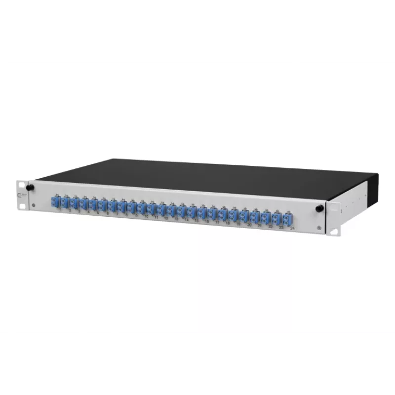 METZ CONNECT 1502697424-E patch panel 24 portas 1U blindado Cat.6A, IDC sem ferramentas, cinzento claro