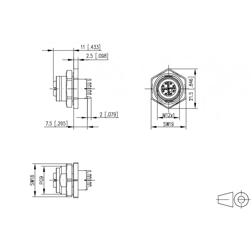METZ CONNECT M12 BU8 371 - Conector fêmea M12 de embutir, 8 polos, codificação A, conector fêmea, montagem traseira, pinos de solda, IP67