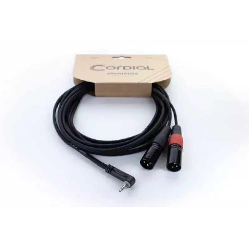Cordial EY 3 WRMM Cabo adaptador Y XLR 3m preto - ficha 3,5mm TRS para 2x ficha XLR 3 pinos, OFC, blindagem em espiral 14875
