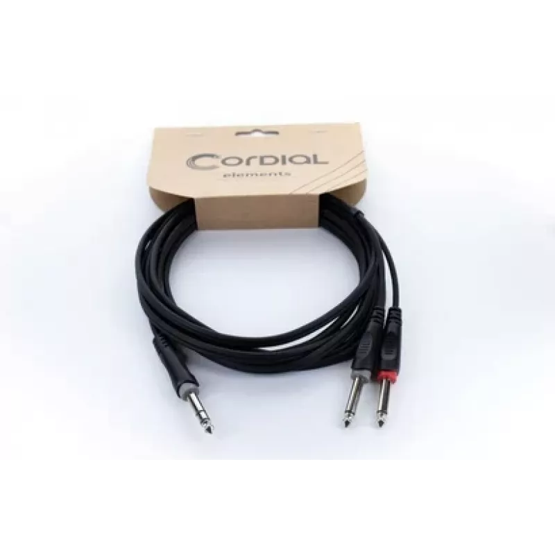 Cordial 14879 Cabo adaptador Y de áudio 5m – 1x jack estéreo 6,3mm para 2x jack mono 6,3mm, cabo duplo PVC preto