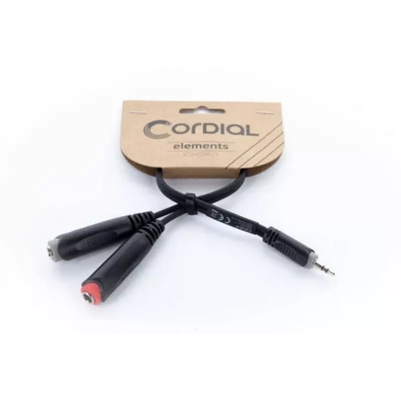 Cordial 14892 Cabo adaptador Y de áudio, ficha jack estéreo 3,5 mm para duas tomadas jack mono 6,3 mm, 0,3 m, PVC preto
